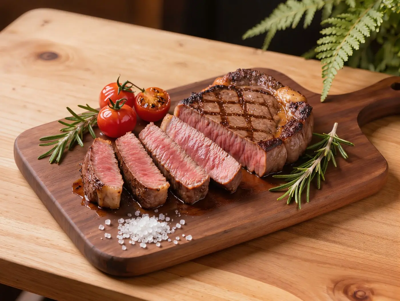 Rib-Eye-Steak vom Holzfeuer auf dem Brett