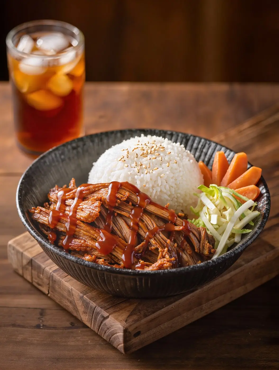 Pulled-Pork-Bowl mit Reis und Slaw