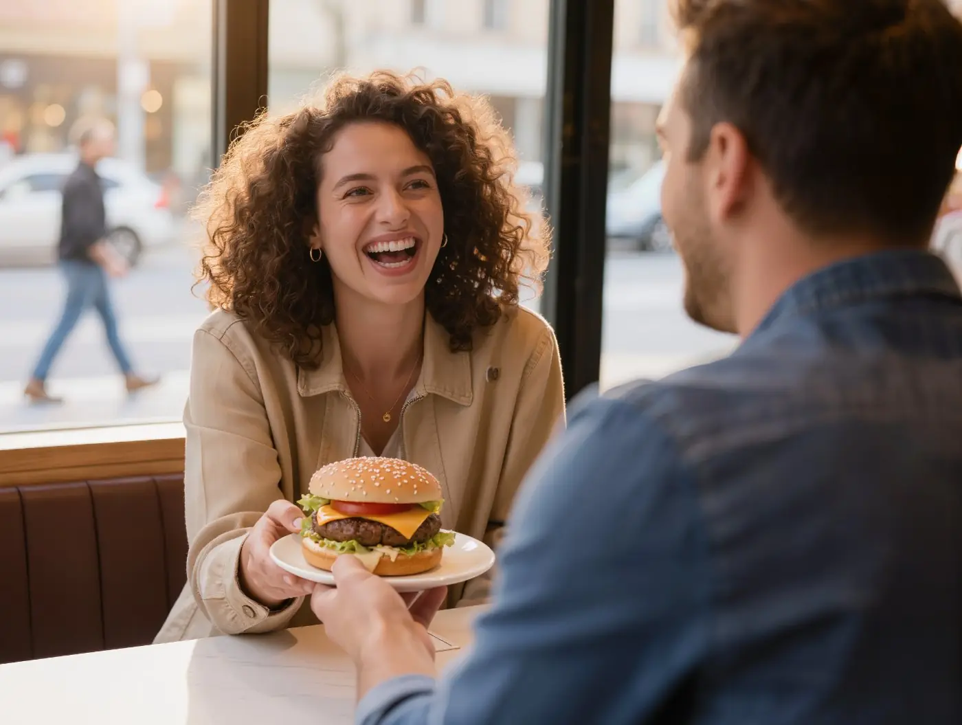 Gäste genießen einen Burger bei Rauchzeichen